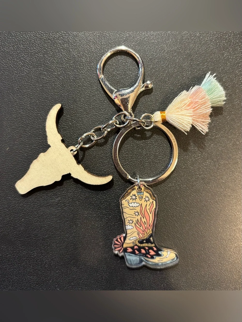Decorative Western Boot & Bull Skull Keychain/Purse Charm with Pastel Tassels
